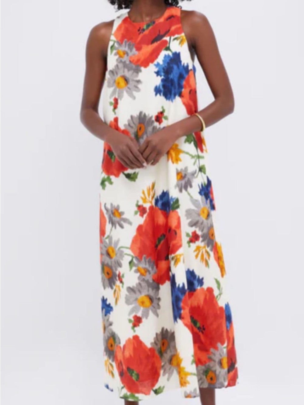 Floral Maxi Dress - White with Red & Blue Bloom